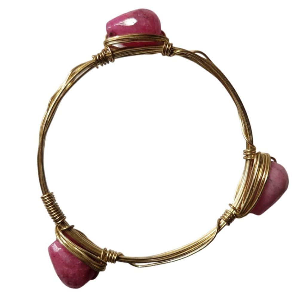 Handcrafted Wire Wrapped Bracelet Pink Stone Beads Gold-Tone Statement 10$